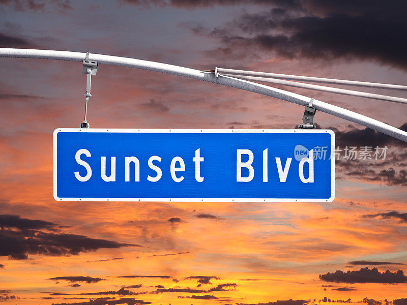 日落大道头顶的街道标志与黄昏的天空