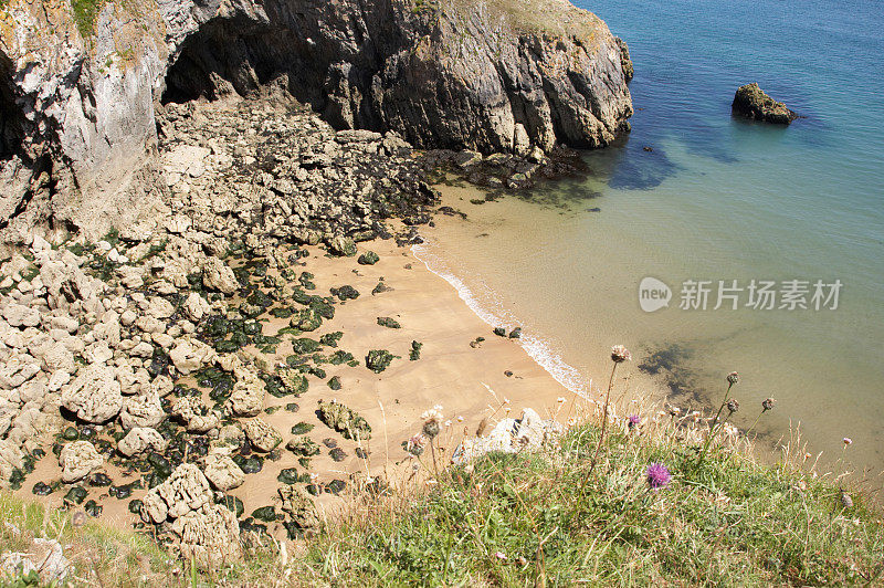 遥远的威尔士海滩和海湾草前景