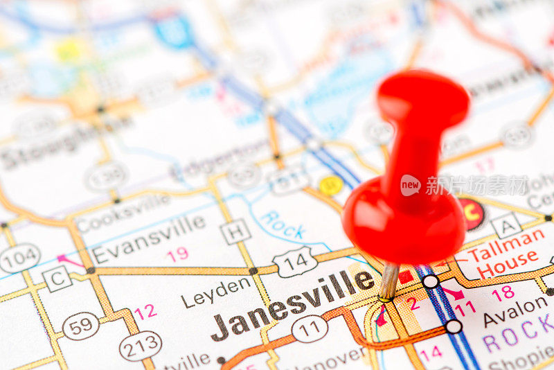 美国首都城市在地图系列:简斯维尔，威斯康辛州，威斯康辛州