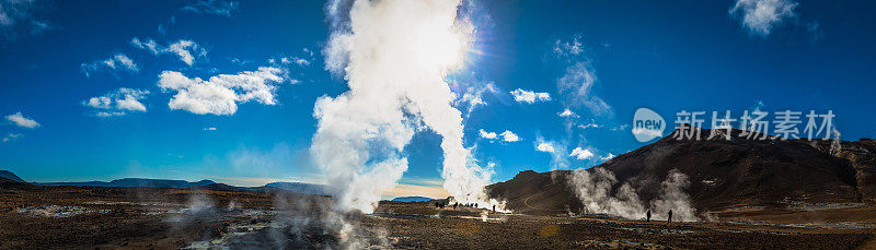 火山蒸汽从喷泉中升起，俯瞰冰岛令人难以置信的景观全景