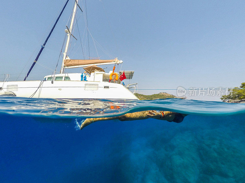 Göbün湾在Göcek。漂浮在海底的女士。