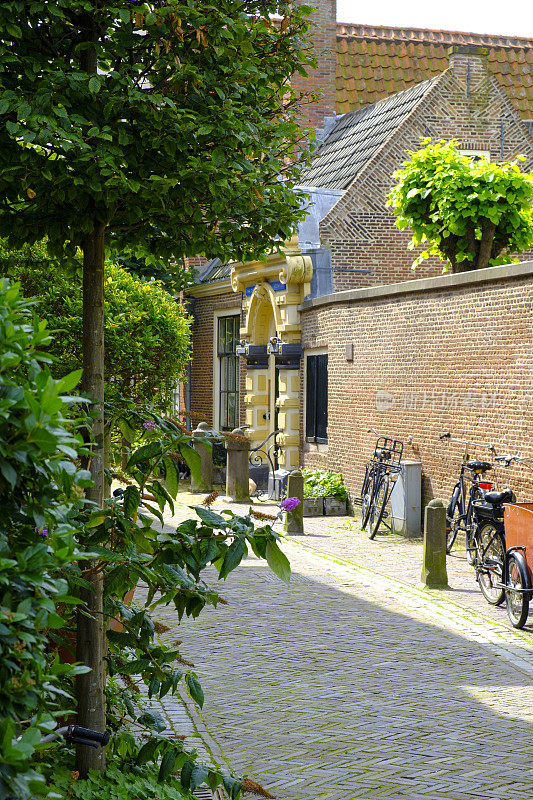 荷兰哈勒姆市的城市街道上有自行车。