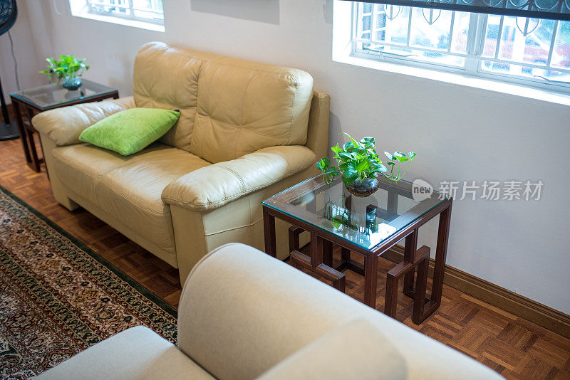 亚洲客厅，宽敞舒适的皮沙发和木制家具
