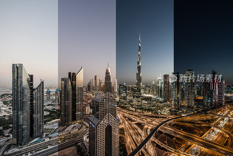 迪拜天际线鸟瞰图，从白天到夜晚