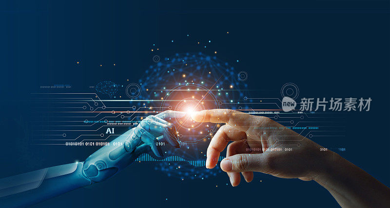 人工智能、机器学习、大数据网络连接背景下的机器人与人类接触、科学与人工智能技术、创新与未来。