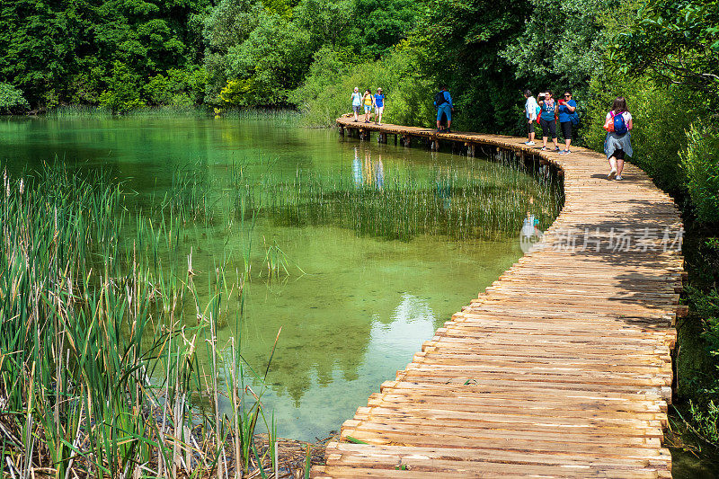 徒步旅行者经过一个美丽的风景与绿松石色的湖泊隐藏在克罗地亚的Plitvice湖国家公园的荒野
