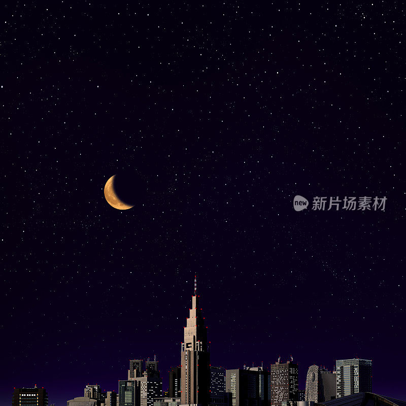 新月从东京新宿天际升起。