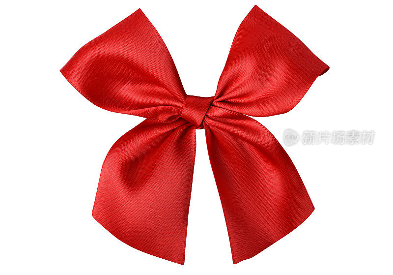 红色礼品蝴蝶结，装饰闪亮的缎子红丝带孤立在白色背景上(剪报路径)