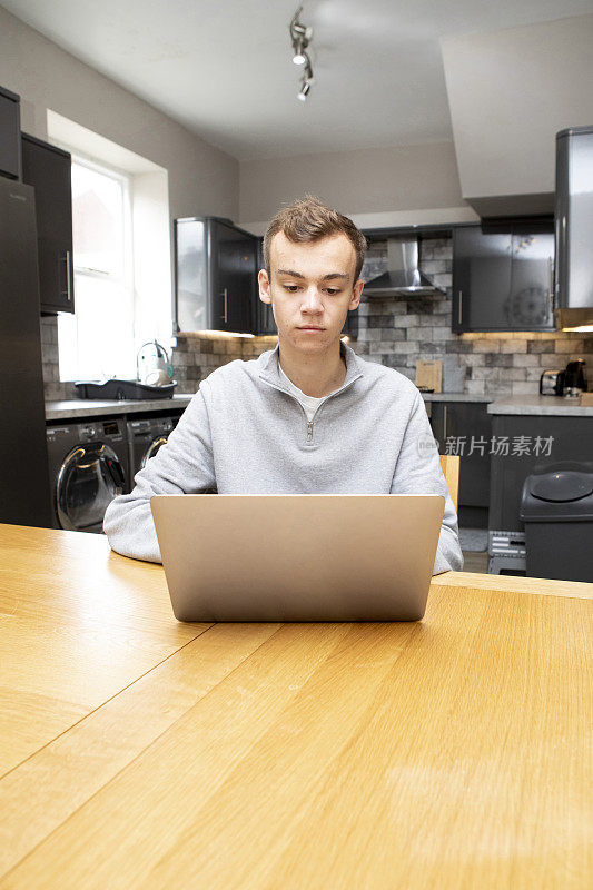 男大学生坐在餐桌旁，在厨房里用笔记本电脑工作