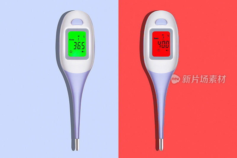 医用数字温度计显示高热和正常温度