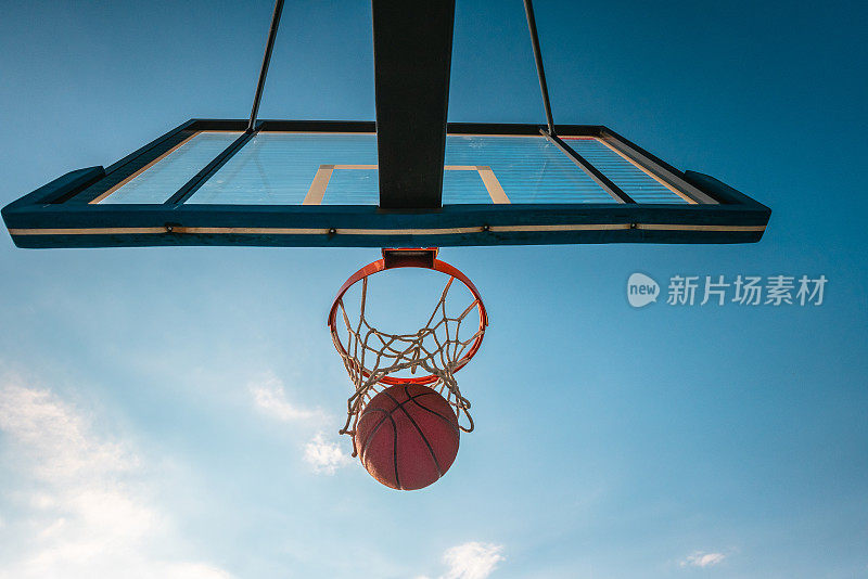 篮球落网，低角度视野