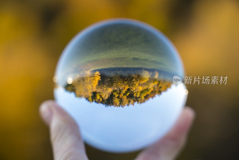 秋天的森林反映在水晶球，普莱宁斯科湖