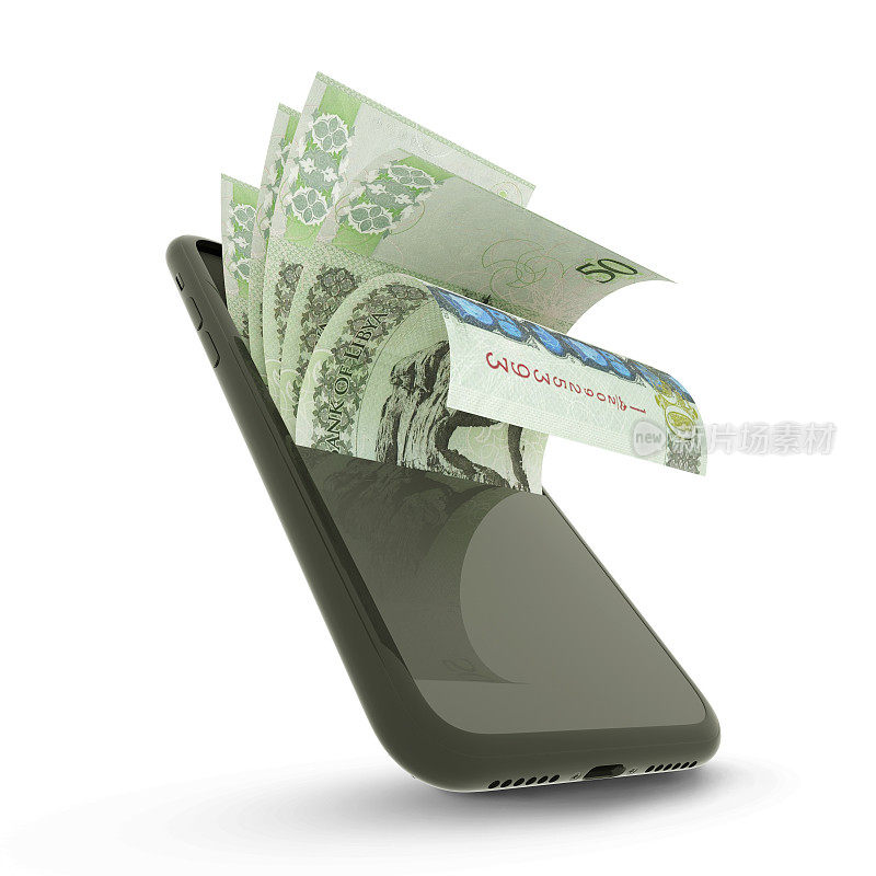 手机内的利比亚第纳尔钞票的3D渲染图