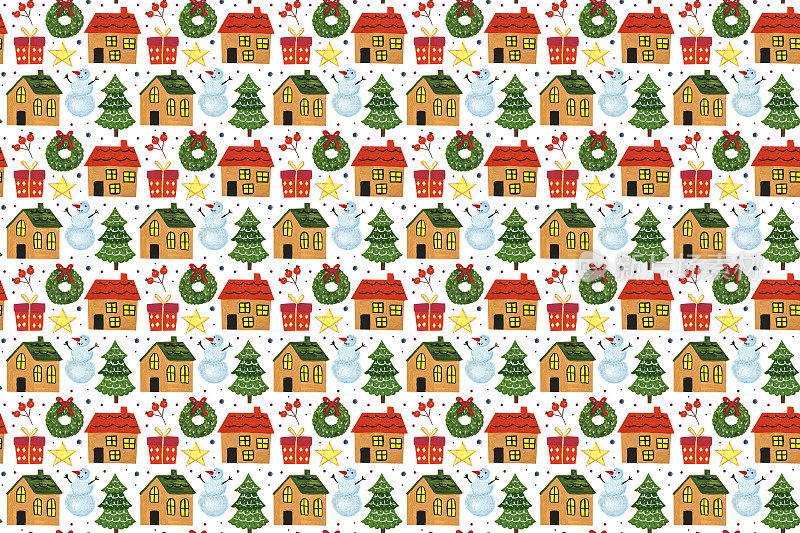 寒假手绘图案，背景，横幅。圣诞快乐，恭贺新禧。房子，雪人，圣诞树，花环，礼物，草药，装饰，星星。包装纸，包装设计。