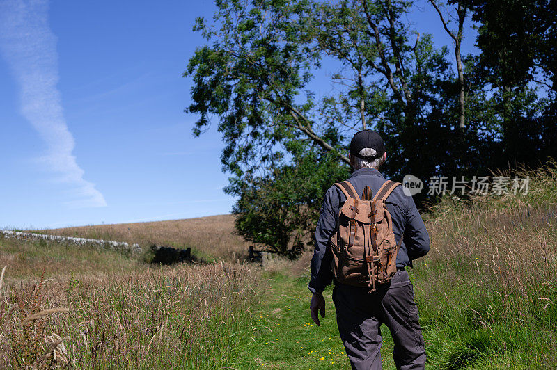 一位老人在草地上的人行道上