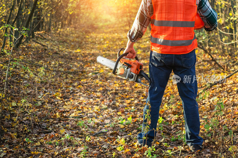 伐木工人穿着护具，手里拿着电锯，站在日落时分的森林路上