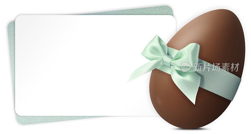 快乐的复活节祝福礼品卡巧克力蛋装饰与柔和的绿色光泽丝带蝴蝶结。复制空间模板标签，促销购物横幅或门票销售价格
