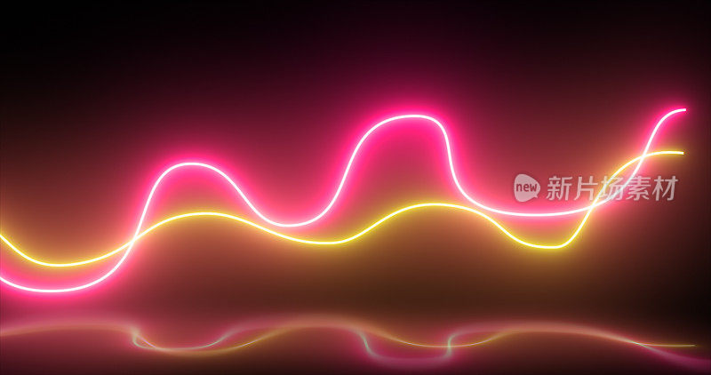 抽象明亮的霓虹灯红色和黄色能量迪斯科灯线与反射抽象背景