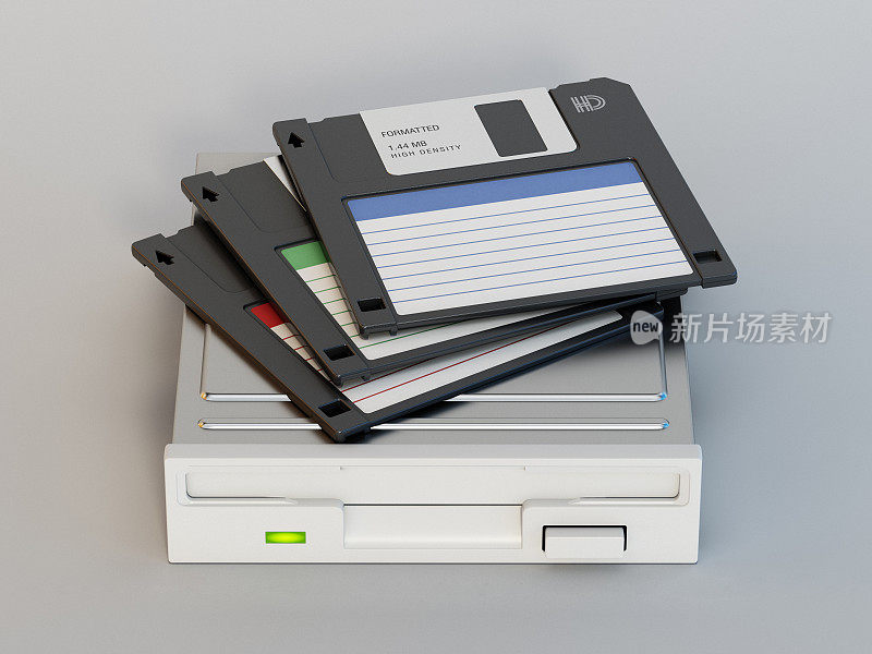 通用HD软盘放在软盘驱动器上。复古计算机和数据存档技术概念