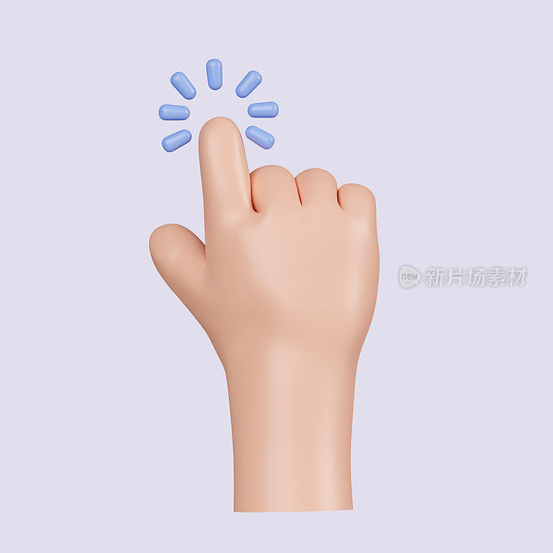 3d电脑光标用手和点击。多样的男士手臂用手指按下按钮，指向或触摸指纹扫描。图标隔离在灰色背景。3d渲染图。剪切路径。
