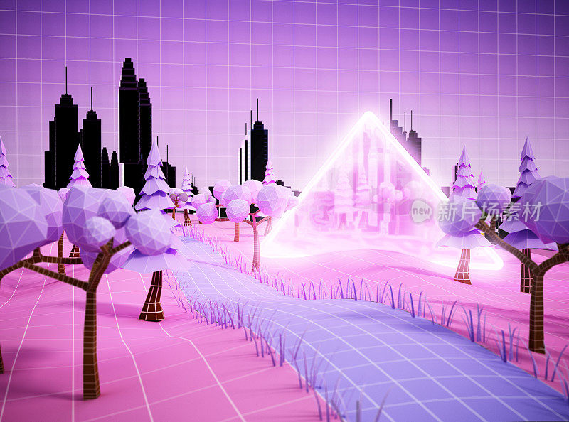 三角形的入口站在一个超现实的森林通向一个城市。虚拟世界和虚拟现实的概念