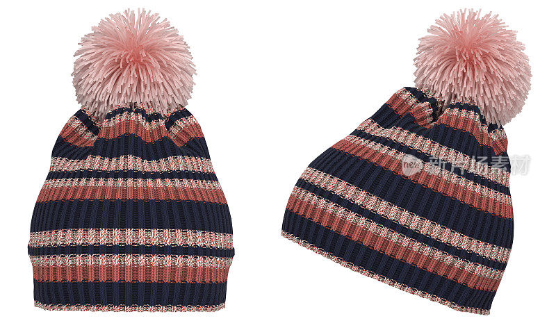 针织的冬季泡泡帽。手工羊毛帽与绒球在顶部