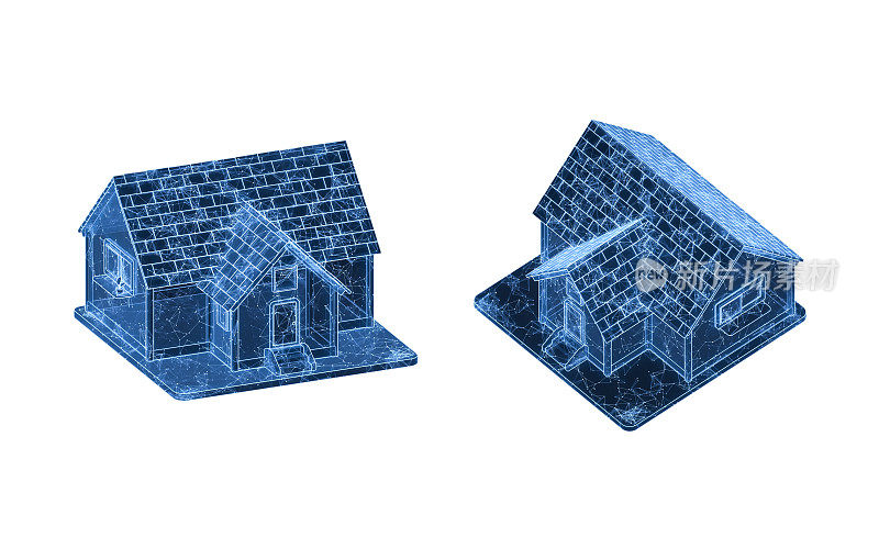 带有蓝色数字线条的3D卡通房子，3D渲染。