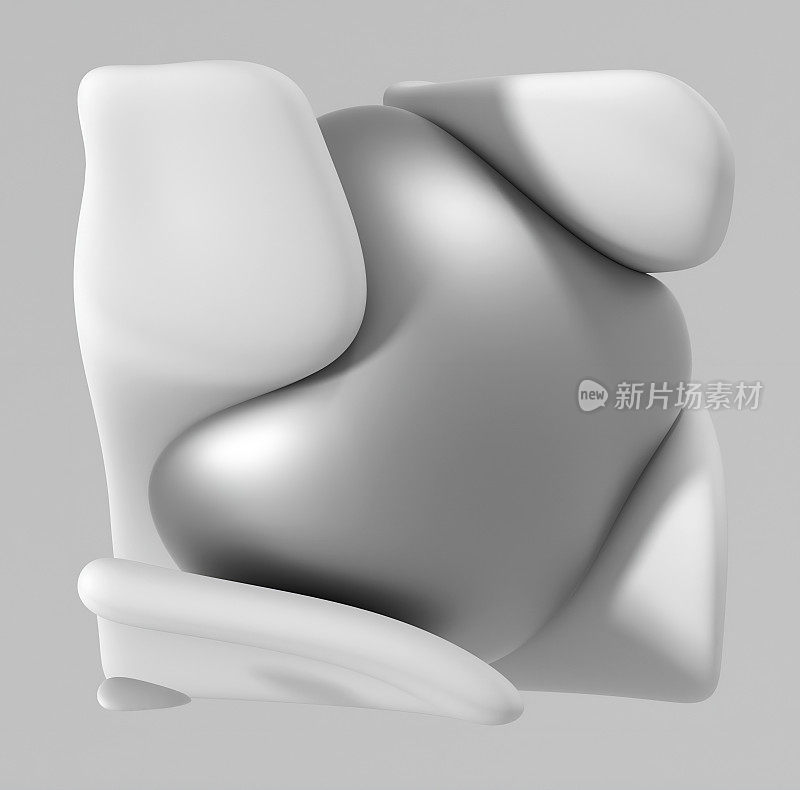 3d渲染单色超现实抽象艺术雕塑立方体或盒子在曲线波浪线形式的白色陶瓷材料与软哑光铝制零件在浅灰色的背景