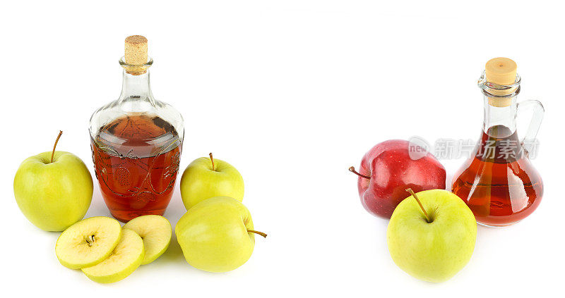 苹果醋在玻璃瓶和成熟的苹果隔离在白色。有文字的空闲空间。拼贴画。宽的照片。