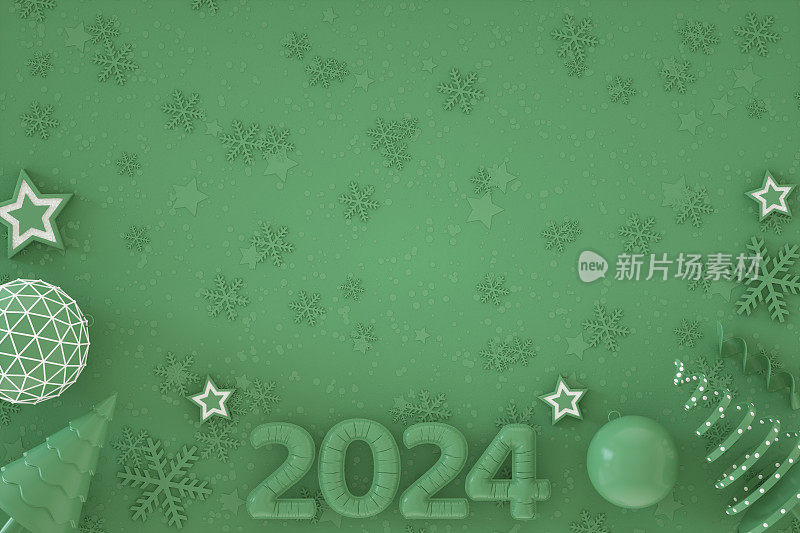 2024年新年气球与圣诞装饰绿色背景