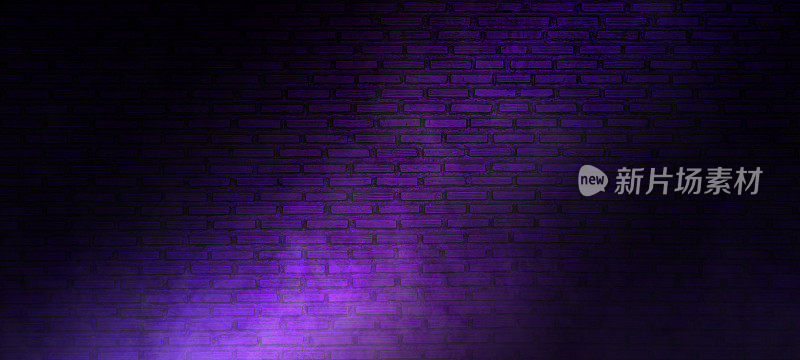 砖墙纹理图案，蓝色和紫色的背景，一个空旷的黑暗场景，激光束，霓虹灯，射灯反射在地板上，一个烟雾漂浮的工作室房间，用于展示产品。