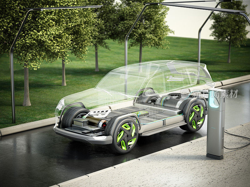 电动SUV，透明的车身和底盘，电动机和电池。