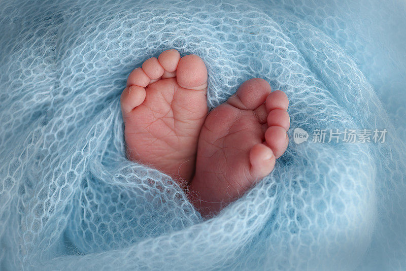 小的，可爱的，裸露的脚趾，脚跟和新生儿的脚的特写。宝宝的脚踩在蓝色柔软的被单和毯子上。新生儿腿的细节。专业的微距横向摄影工作室。
