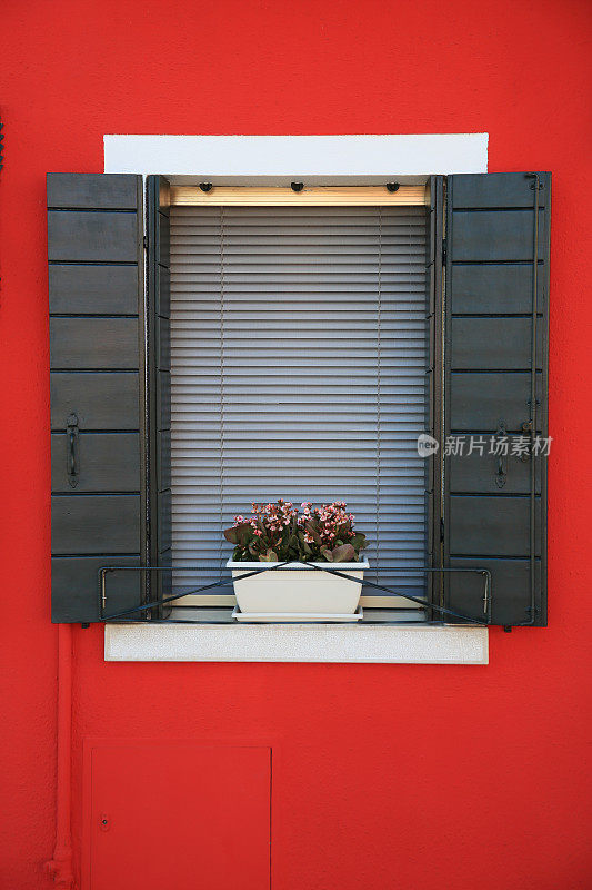 红房子的窗台上放着花盆