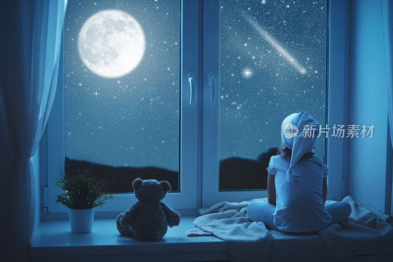 小女孩在窗前做着梦，欣赏着繁星点点的天空