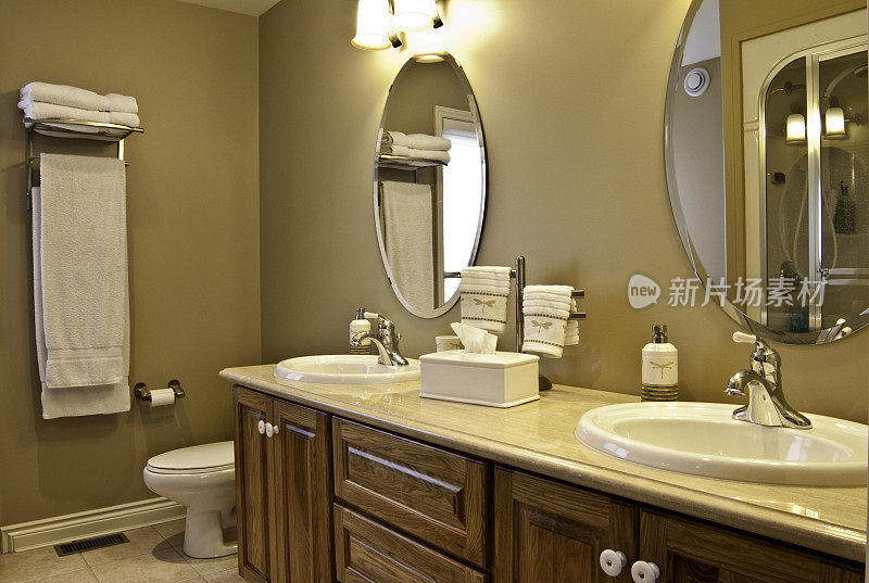 现代化的木质浴室柜台和镜子