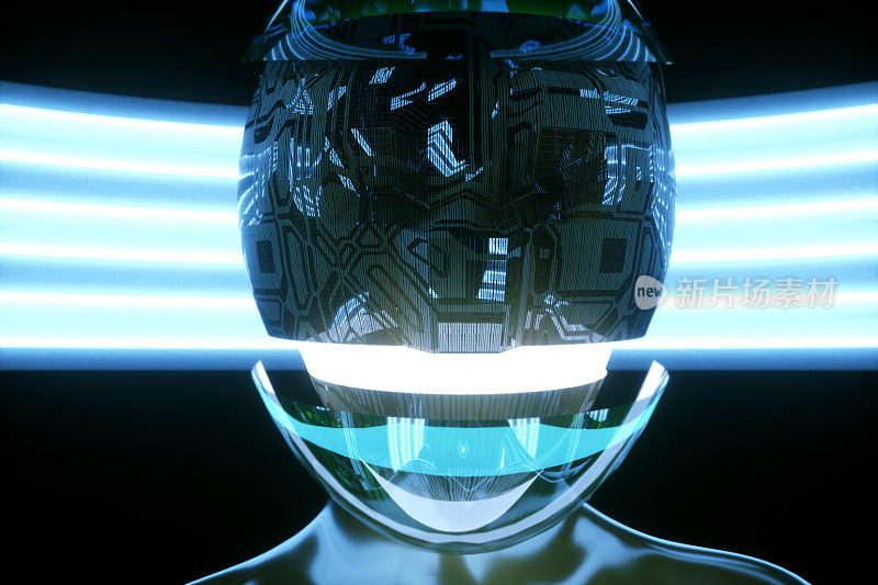 佩戴VR头盔的女性半机械人