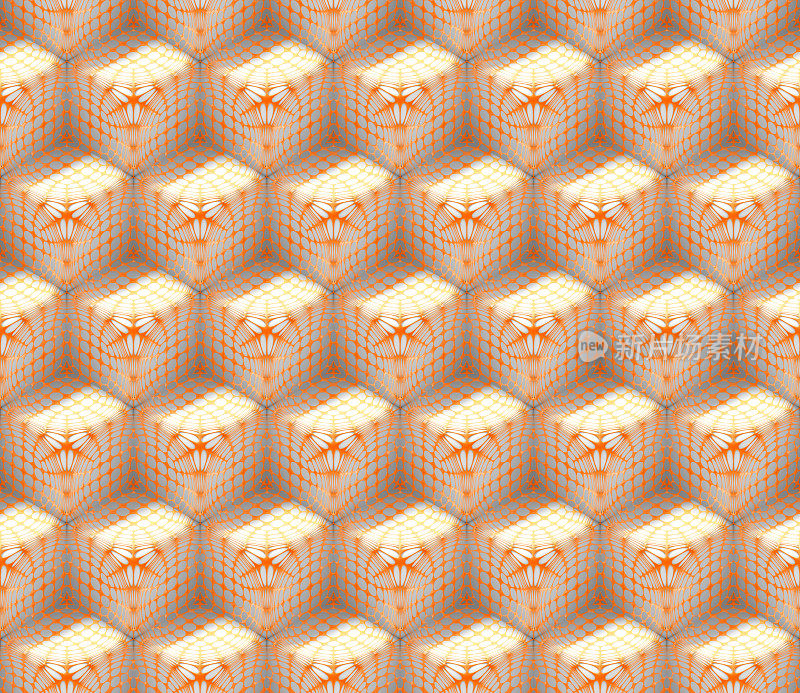 无缝抽象网格覆盖立方体模式在橙色和白色阴影(3d插图)