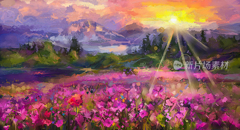 抽象彩色油画《紫色宇宙花》