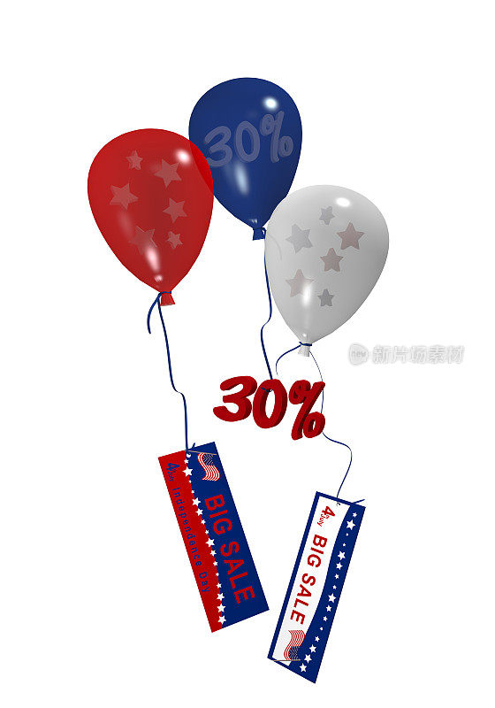 色彩斑斓的白纸气球上面有专卖30%的专辑以及独立日的广告牌