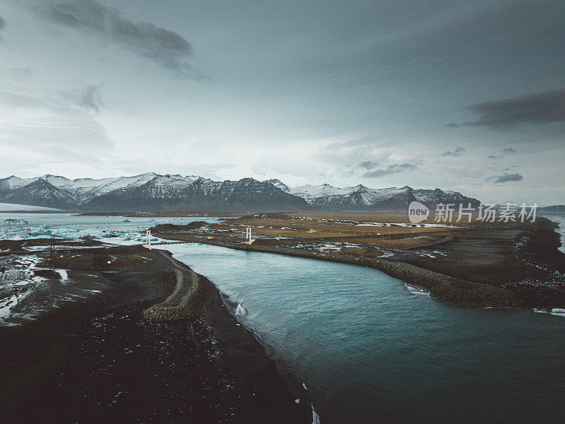 冰岛Jokulsarlon冰川泻湖鸟瞰图
