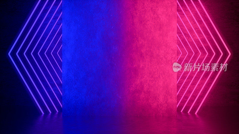 紫外氖激光发光六边形线，光隧道，抽象三维背景