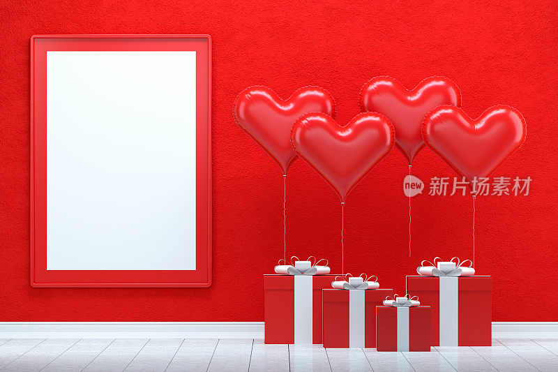 闪亮的心形气球和空框礼品盒。情人节的概念。