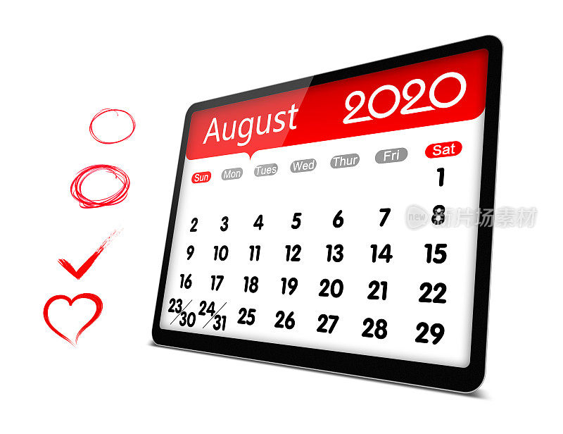 (剪辑路径)2020年8月数字平板电脑日历孤立