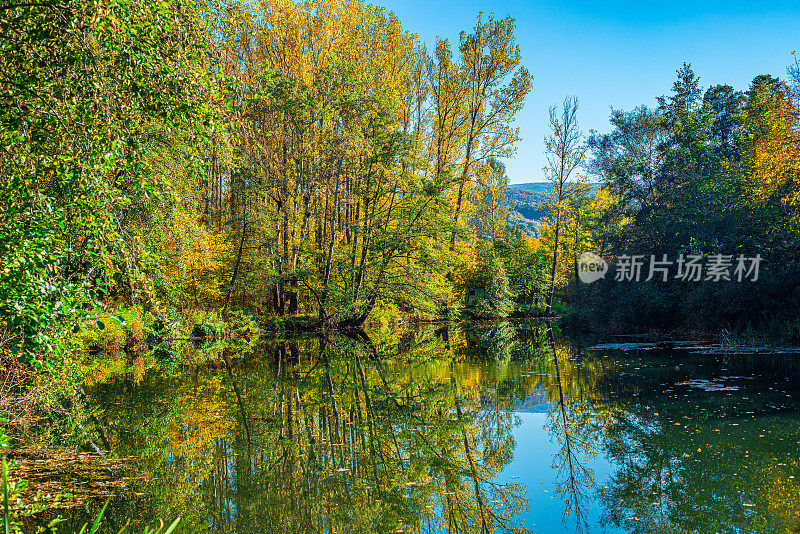 这是一幅被森林包围的河岸边的秋天风景图