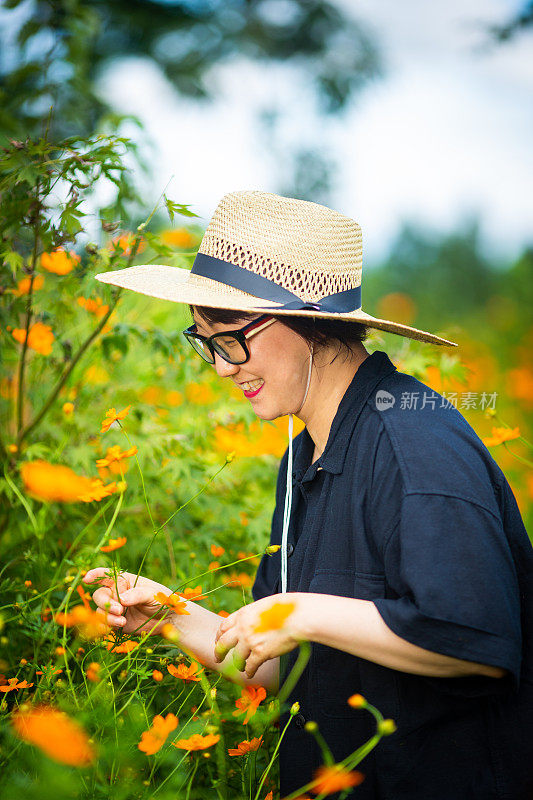 宇宙花田中的中年妇女