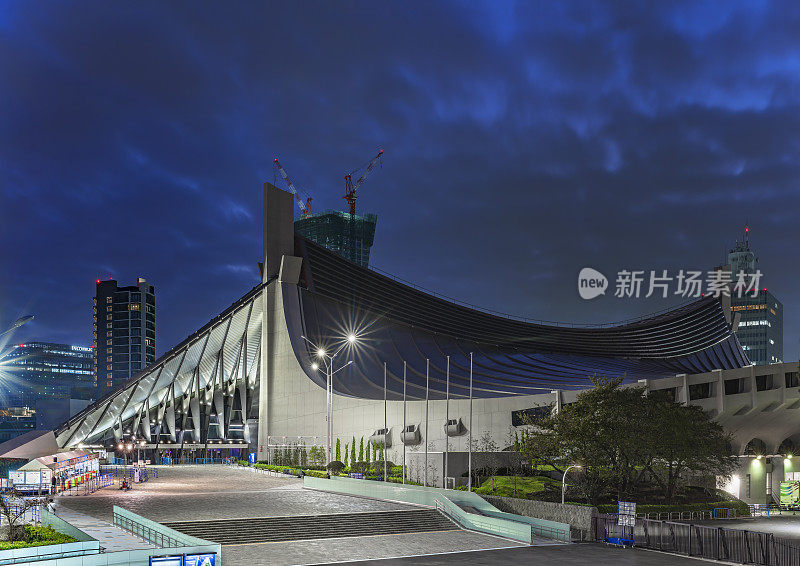 代代木国家体育馆是由田贤三为奥运会设计的，位于代代木公园的夜间。