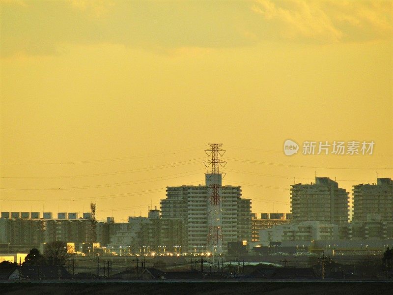 日本。1月。江户川河岸的东京郊区全景。