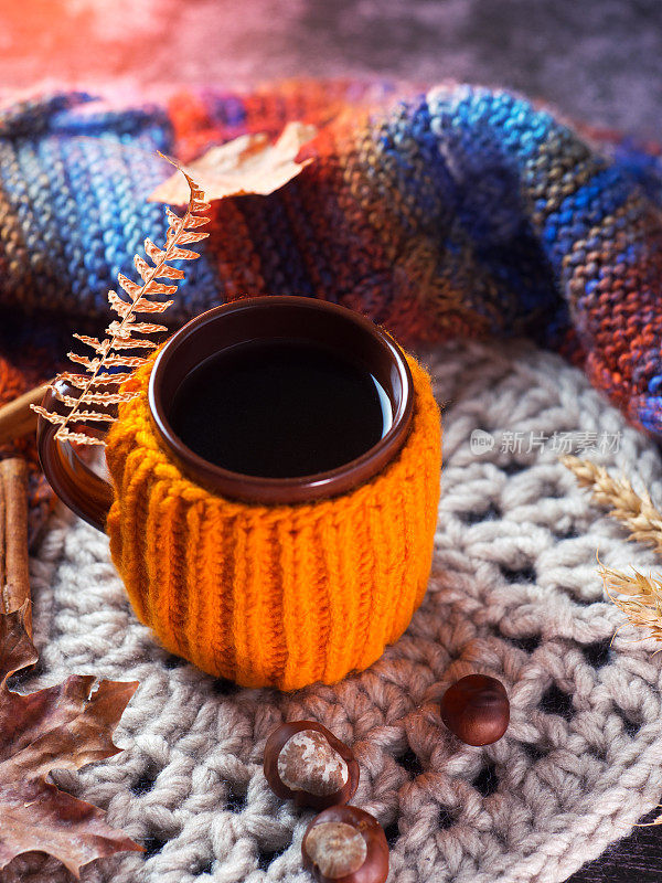 秋天作文与炎热的秋天咖啡或茶在一个杯子针织橙色毛衣。针织支架和暖和的彩色围巾