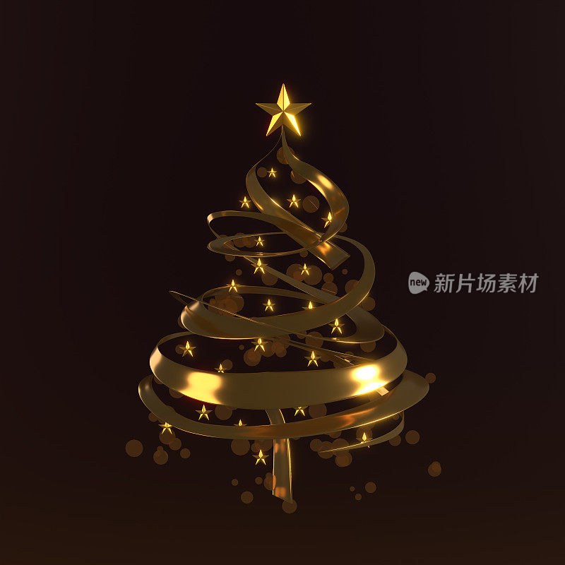 新年贺卡与圣诞树由金色的光径装饰在红色背景